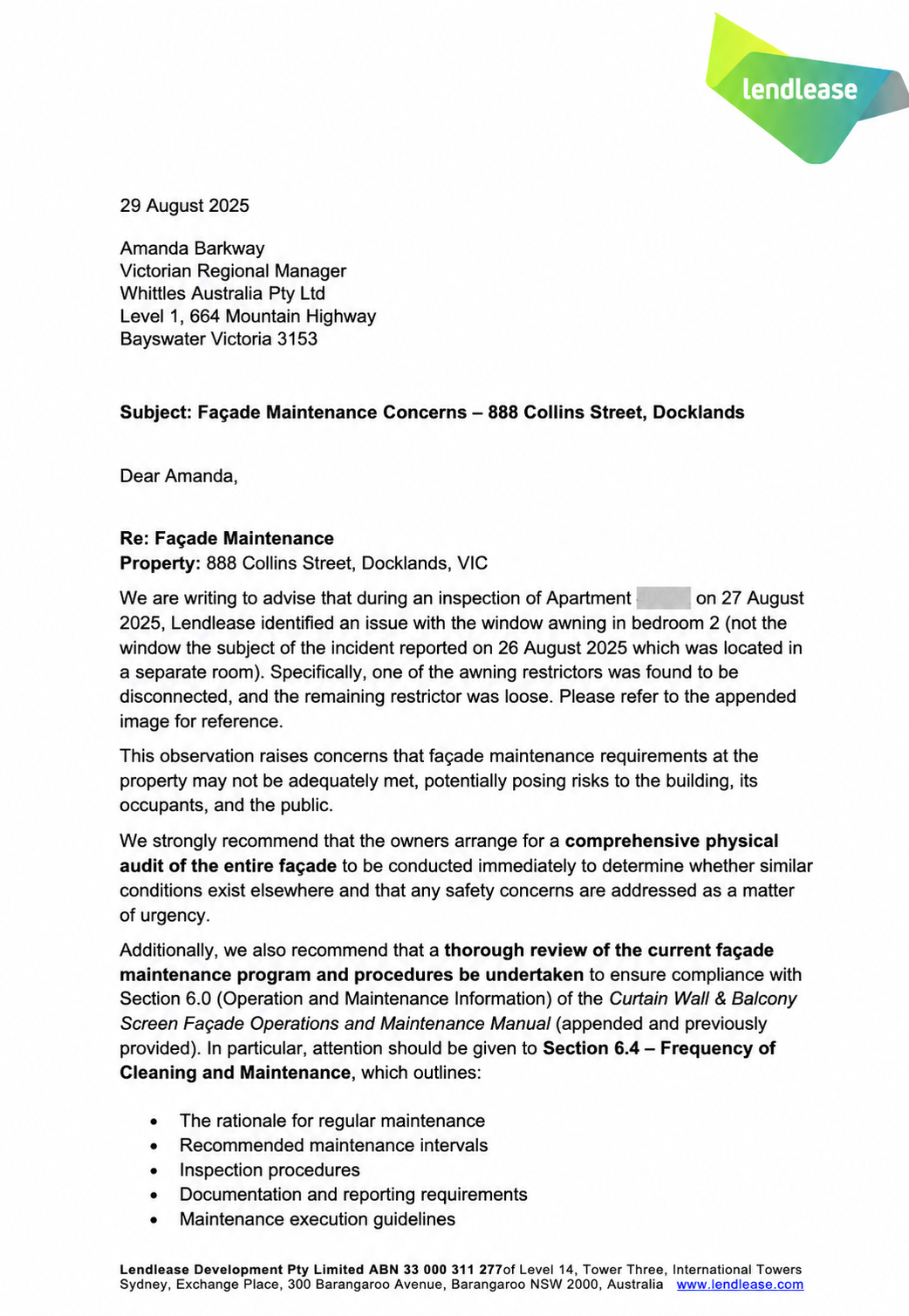 Lendlease于2025年8月29日出具的888 Collins Street外立面维护风险警示函第一页(房号已遮盖)